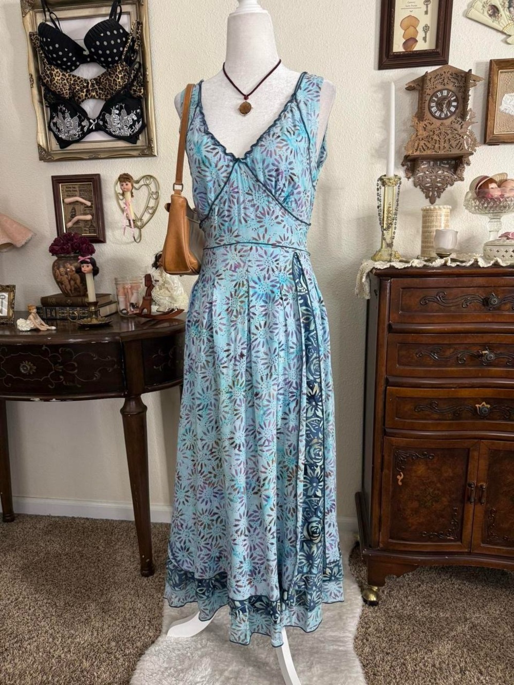 Y2k whimsical fairy grunge boho patchwork aqua blue floral maxi dress - Picture 3 of 6